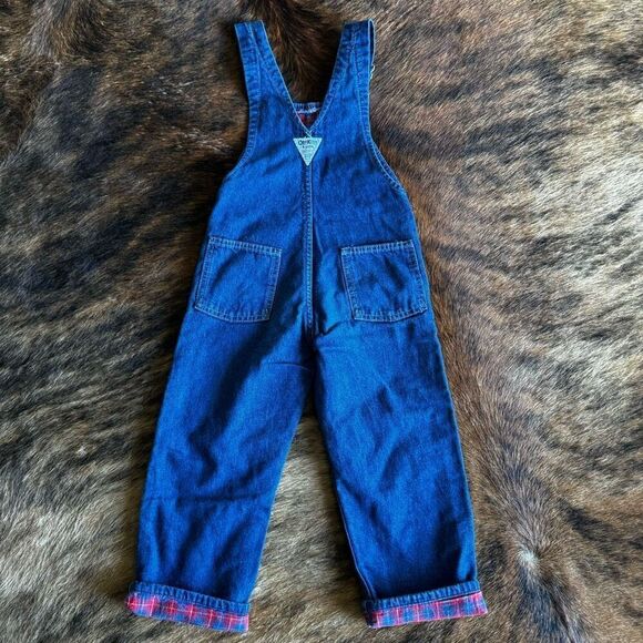 VTG Union Made OshKosh B’Gosh Plaid Flannel Lined Denim Overalls Size 4 - Picture 2 of 12